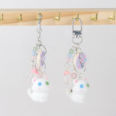 Cartoon Cat Pendant Keychain Adorable Plaid Button Bag Accessory Student Bag Charm for Daily Use and School Life