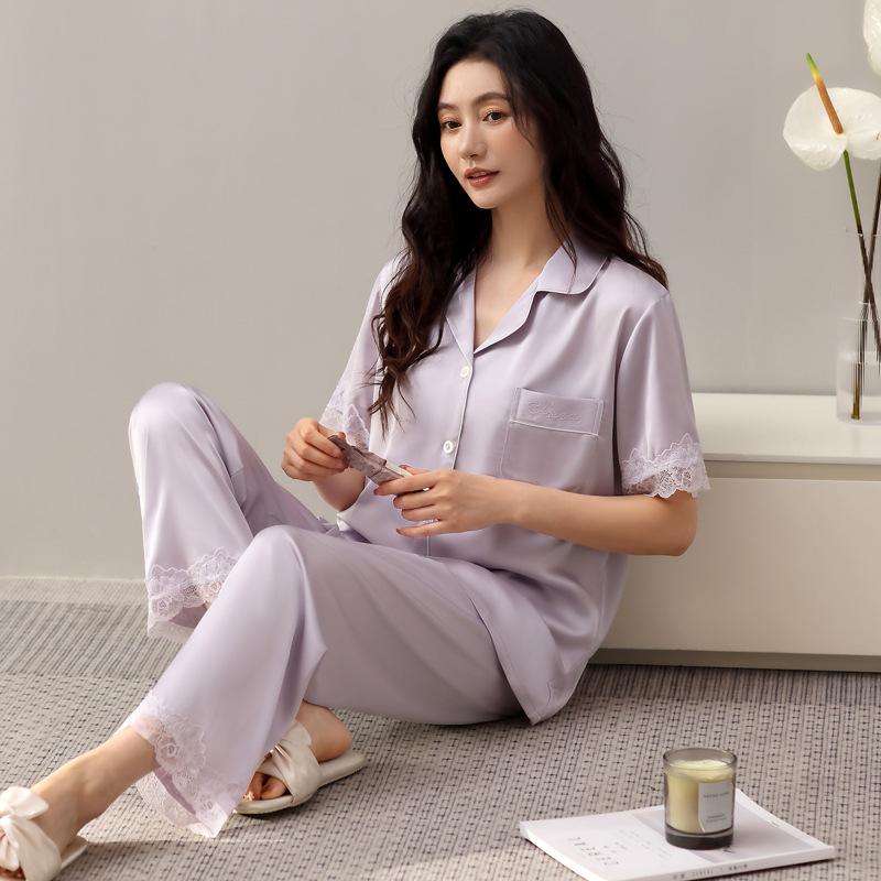 Pajamas women's short-sleeved trousers summer ice silk thin pajamas loose and comfortable high-end cardigan loungewear set