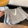 Fake Two Gray V-neck Temperament Knitted Cardigan Sweater Jacket for Women, Small People, Lazy Style, Autumn Wear