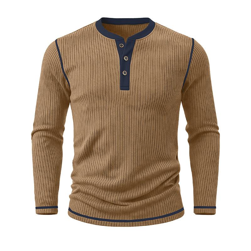 Men's Henry Neck Knit Long Sleeve T-Shirts Color Block Ribbed Casual Slim Fit Pullover Tops Autumn Winter Thermal Undershirts Men