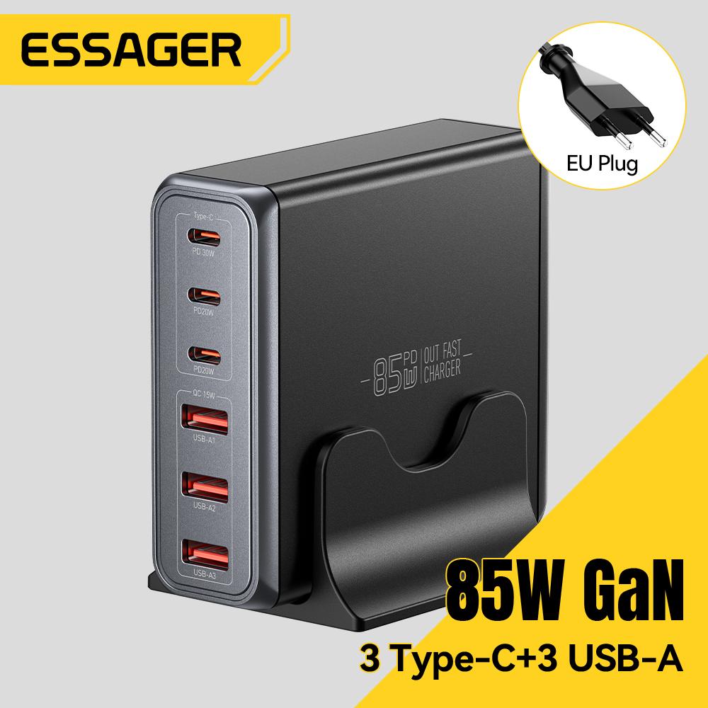 Essager 85W GaN Charger 6 Ports USB Type C Desktop Charger PD Fast Charging Station For iPhone 17/16/15 Samsung S24 Laptop iPad