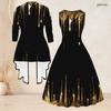Women Plus Size Two Piece Set Black Gold Geometric Printed Sleeveless Round Neck Tie Waist Flared Dress Three Quarter Sleeve Open Front Cardigan
