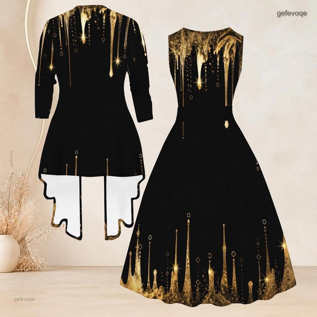 Women Plus Size Two Piece Set Black Gold Geometric Printed Sleeveless Round Neck Tie Waist Flared Dress Three Quarter Sleeve Open Front Cardigan