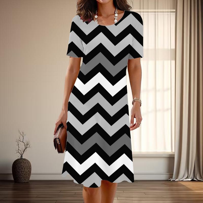 

Жіноча мода витончений літо лінія друк короткий рукав O-подібним вирізом повсякденні сукні 3XL