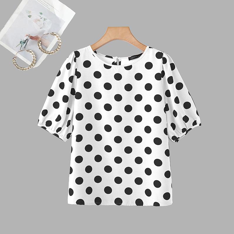 ZANZEA Women Polka Dot Print Loose Casual Round Neck Short Sleeve Blouse S белый