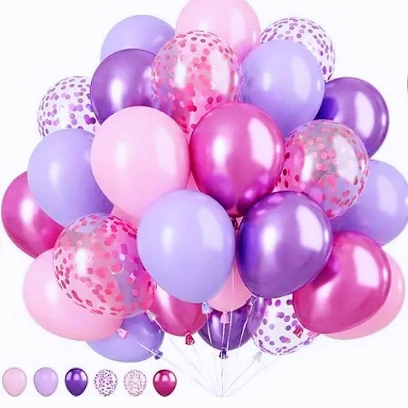 52PCS Metallic Pink Purple Balloons Set Hot Pink Latex Balloons Gold Confetti Pearl Balloons for Wedding Birthday Party Decor