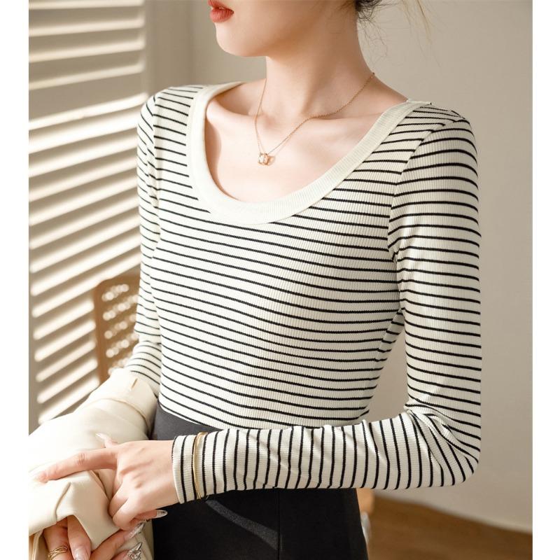 Spring Autumn Round Neck Vintage Striped Printing T-shirt Women Long Sleeve All-match Cotton Bottomed Tee Top