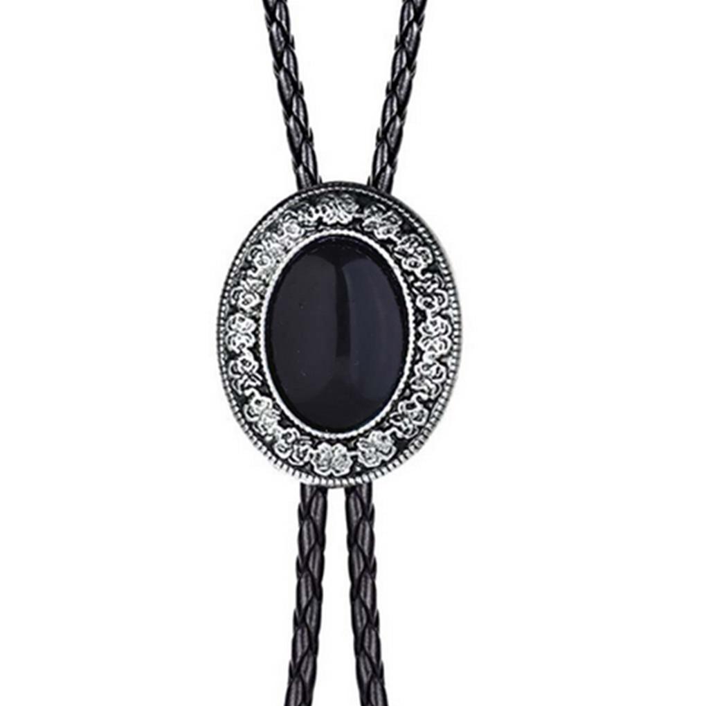 Vintage Metal Stone Black Hat Bolo Tie with Gemstones Leather Rope Pendant Necktie Jewelry Western Tie Western Necklace Costume