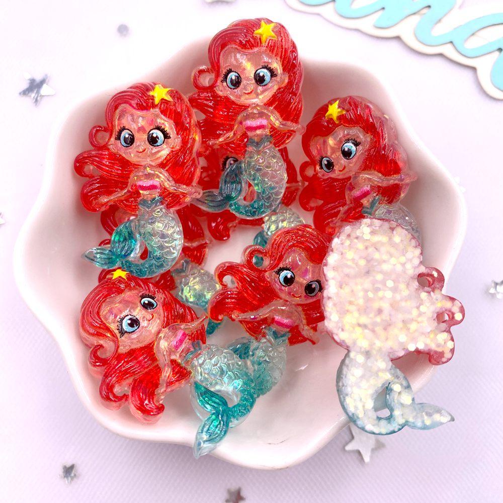 Resin Colorful Cartoon Glitter Mermaid Princess Girl Flatback Christmas Figurines 10PCS Scrapbook DIY Bow Accessory Decor Crafts