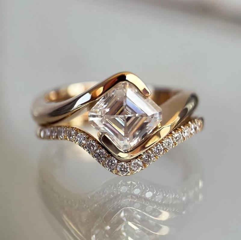 European and American fashion high-end square zircon women s ring 5Gold-color белый