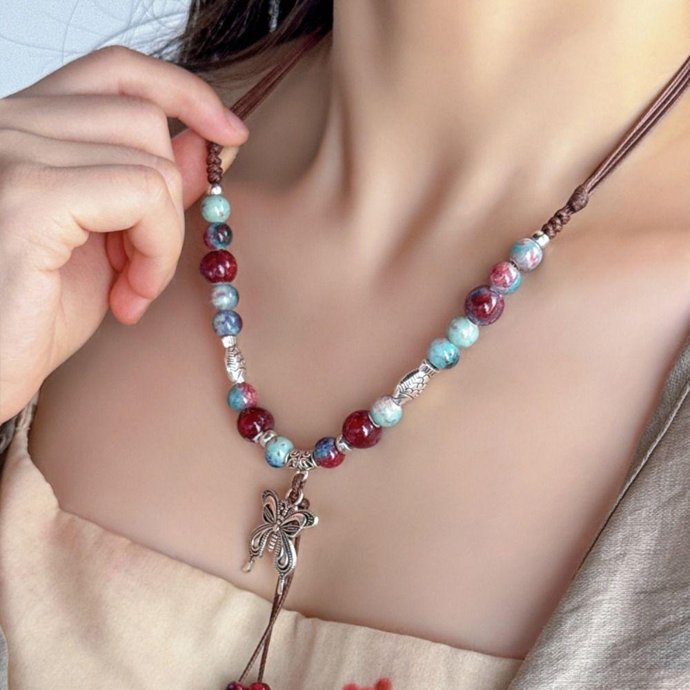 Chinese Ethnic Style Butterfly Pendant Necklace Ceramic Necklace Vintage Long Sweater Chain Gifts
