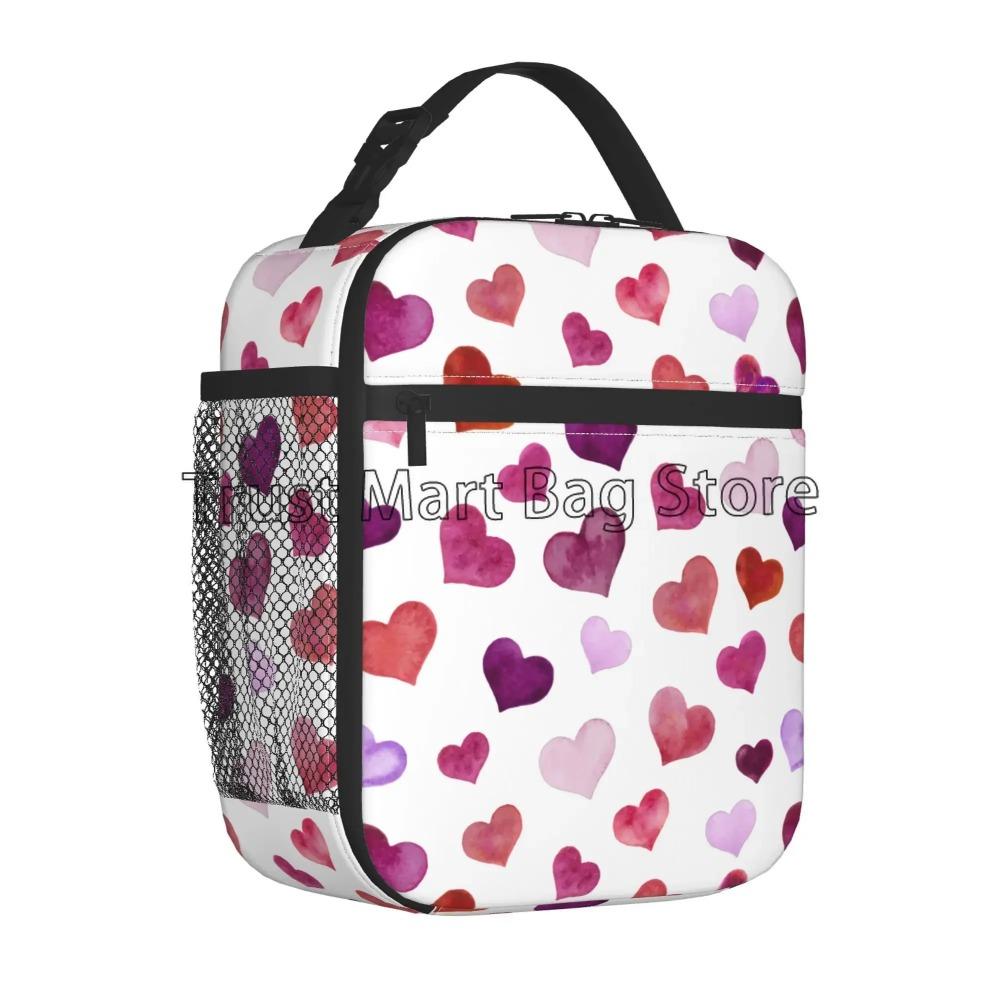 Red Pink Heart Insulated Lunch Bag for Women Romantice Love Heart Portable Reusable Thermal Lunch Box for Work Picnic Travel