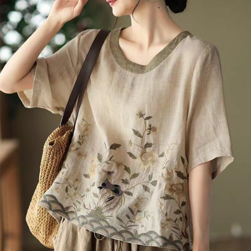 Blusen aus Baumwollleinen mit Blumenstickereien für Damen, klassisch, lockeres chinesisches Hemd, Oberteil, lässig, Retro, Rundhalsausschnitt, kurzärmelig, Sommerhemden