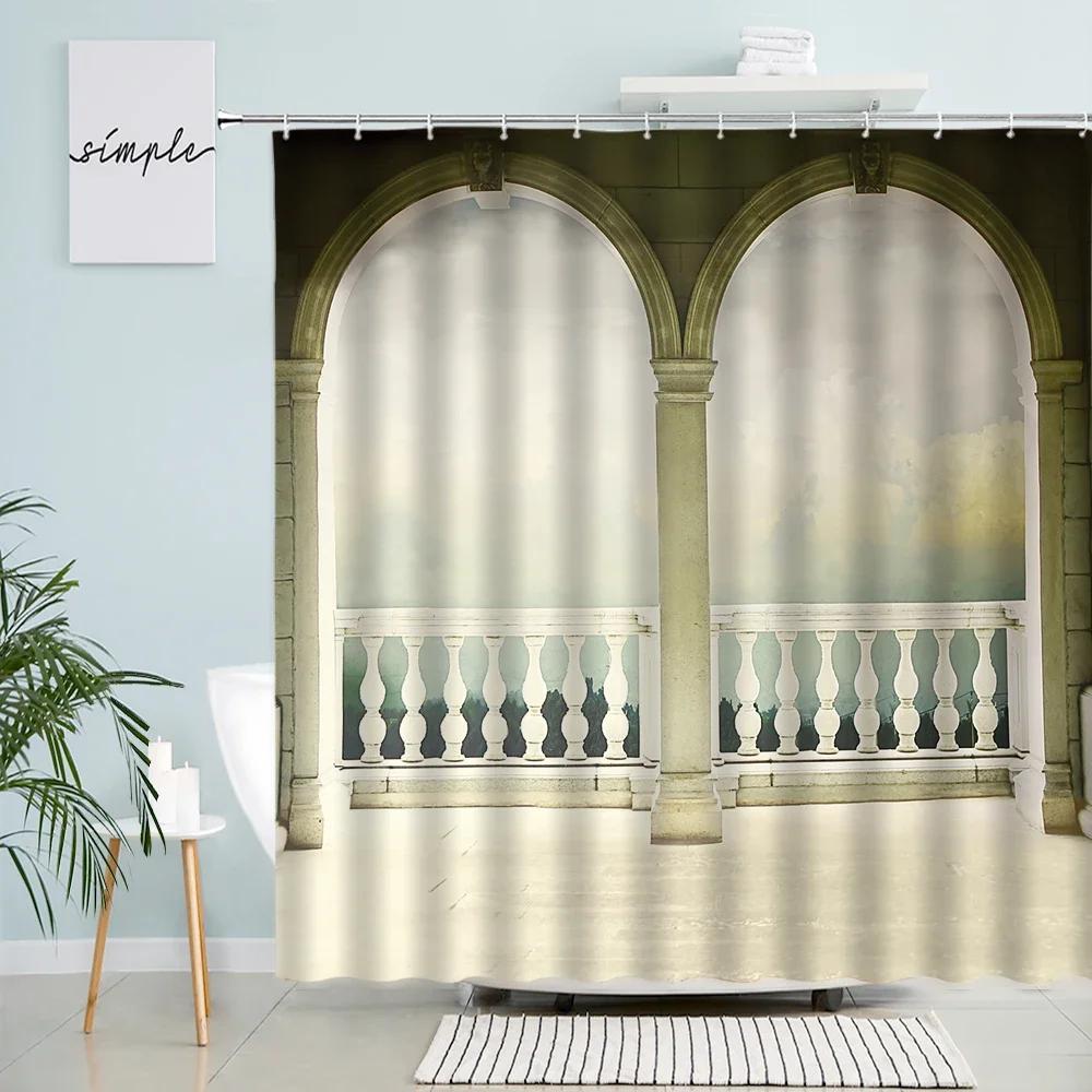 Winter Forest Scenery Shower Curtain Trees Snow Arched Doors Windows Natural Scenery Bathroom Decor With Hook Waterproof Screen