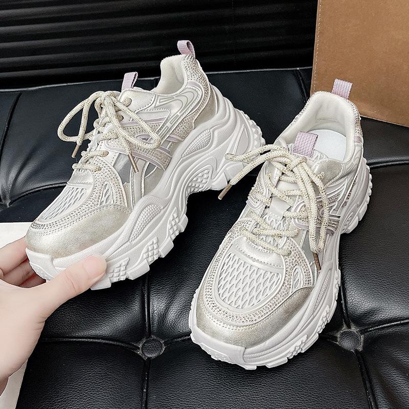 Thick-soled hollow dad shoes women's 2025 new summer shoes versatile breathable mesh rhinestone casual sports sandals