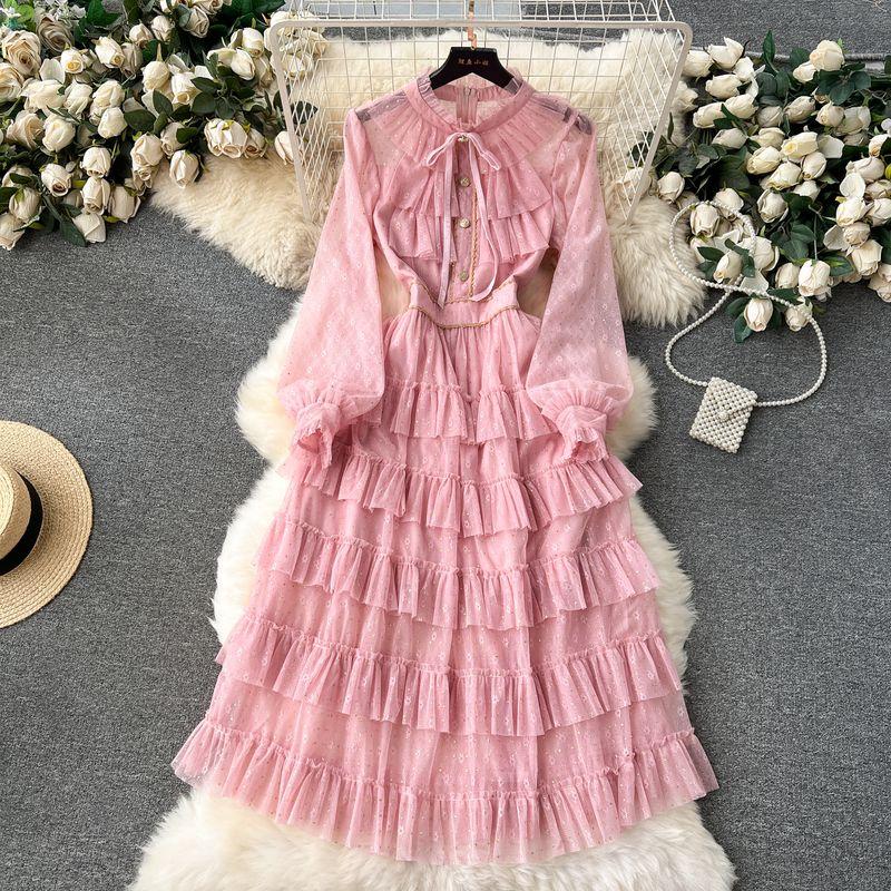 

Palace Style Mesh Princess Dress Heavy-Duty Pleated Dress Pink 2XL