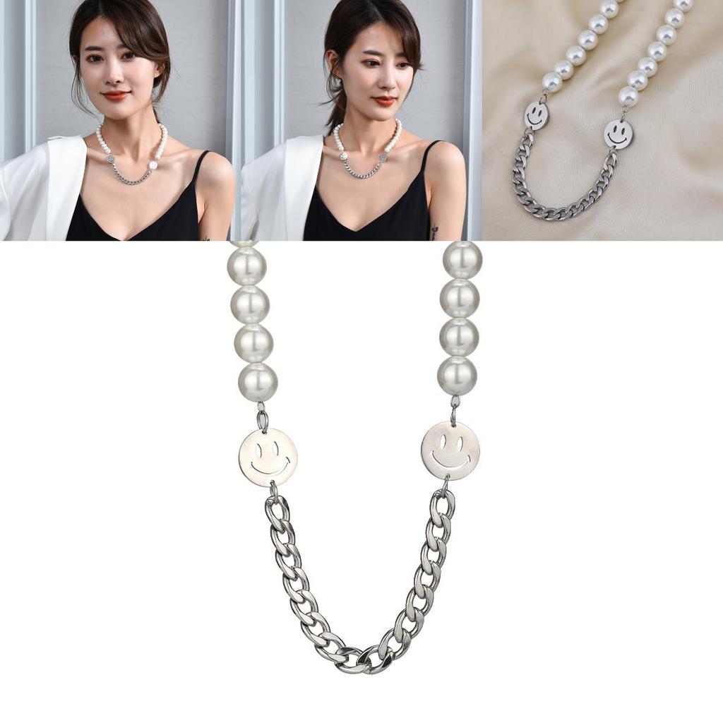 Stylish Titanium Steel Pearl Necklace With Double Smiley Face Design For Men And Women