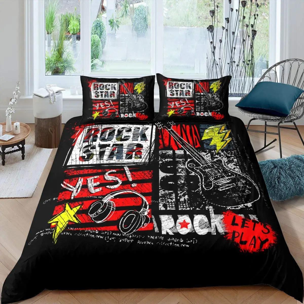 

Пододеяльник с рок-музыкой King Jazz Music Комплект постельного белья для подростков Хип-хоп Граффити Одеяло Чехол Ноты Полиэстеровый пододеяльник 70x133cm 2pcs