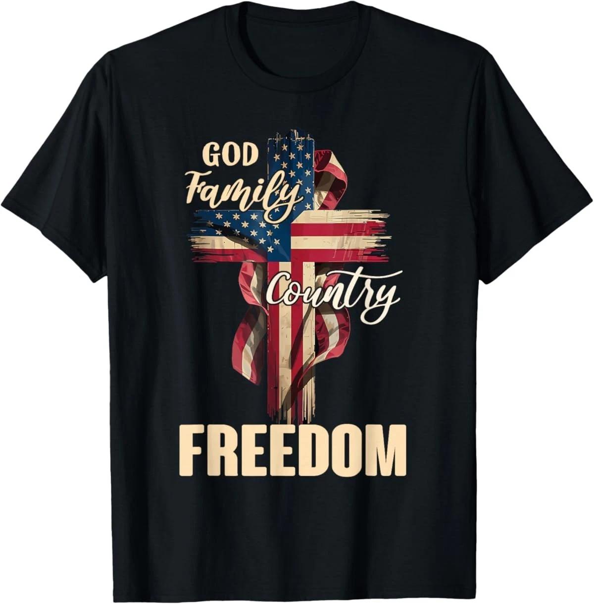 God Family Country Freedom - 4th July USA Flag Christian T-Shirt S