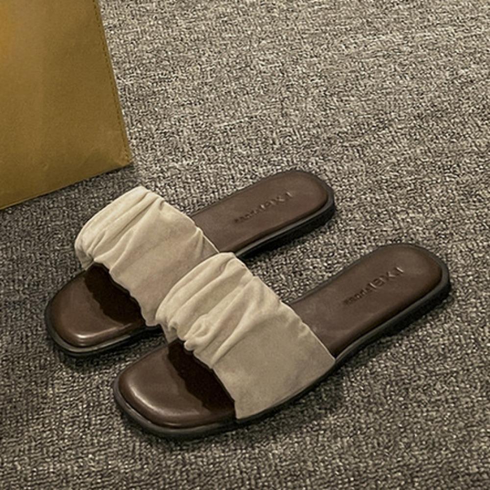 

Летняя одежда. Французские плиссированные шлепанцы. Сандалии Fairy с плоской квадратной головкой. 38 грязно-белый