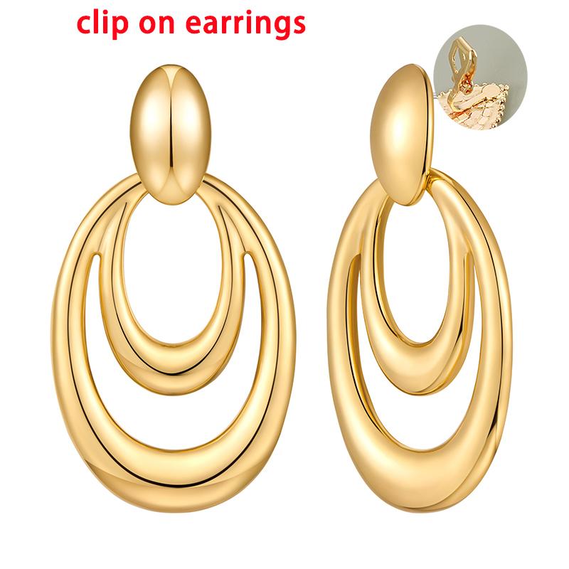 Retro Double Layered Circle Ear Clips for Teen Women Thick Geometric Drop Earrings Tarnish Resistant Statement Party Jewelry