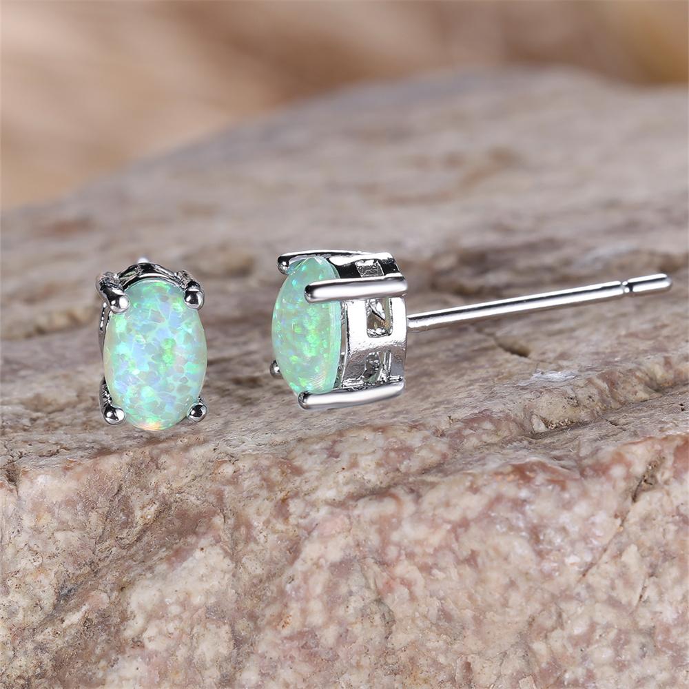 White Blue Green Opal Oval Stone Small Stud Earrings For Women Boho  Silver Color Wedding Jewelry Bridal Engagement Gifts