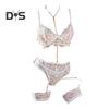 1 Set Sexy Bra Panties Garter Set Hollow Out See-through Lace Multi Strap High Waist Chain Decor Fishnet Elastic Thin Halter Neck Honeymoon Wedding