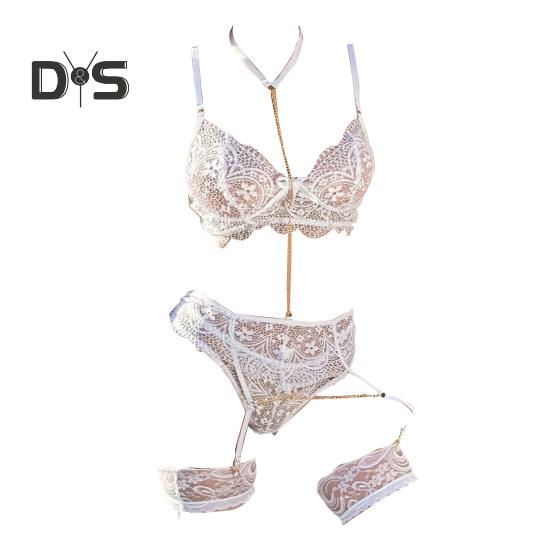 1 Set Sexy Bra Panties Garter Set Hollow Out See-through Lace Multi Strap High Waist Chain Decor Fishnet Elastic Thin Halter Neck Honeymoon Wedding