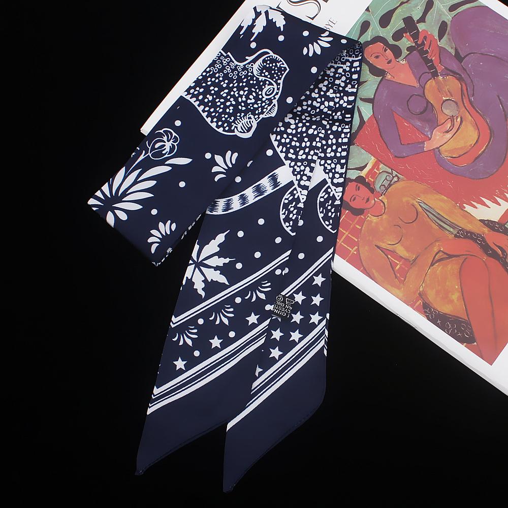Europe Fashion New Animal Feather Pattern Ladies Leisure Decoration Twill Long Strip Streamer Silk Scarf Tie Bind a Bag Ribbon