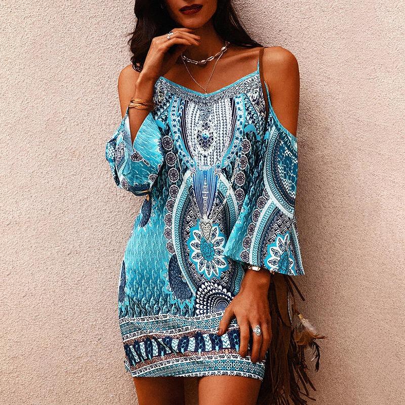 Women's Printed Round-neck Hollow-out Short-sleeved Off-the-shoulder Sexy Halter Dress