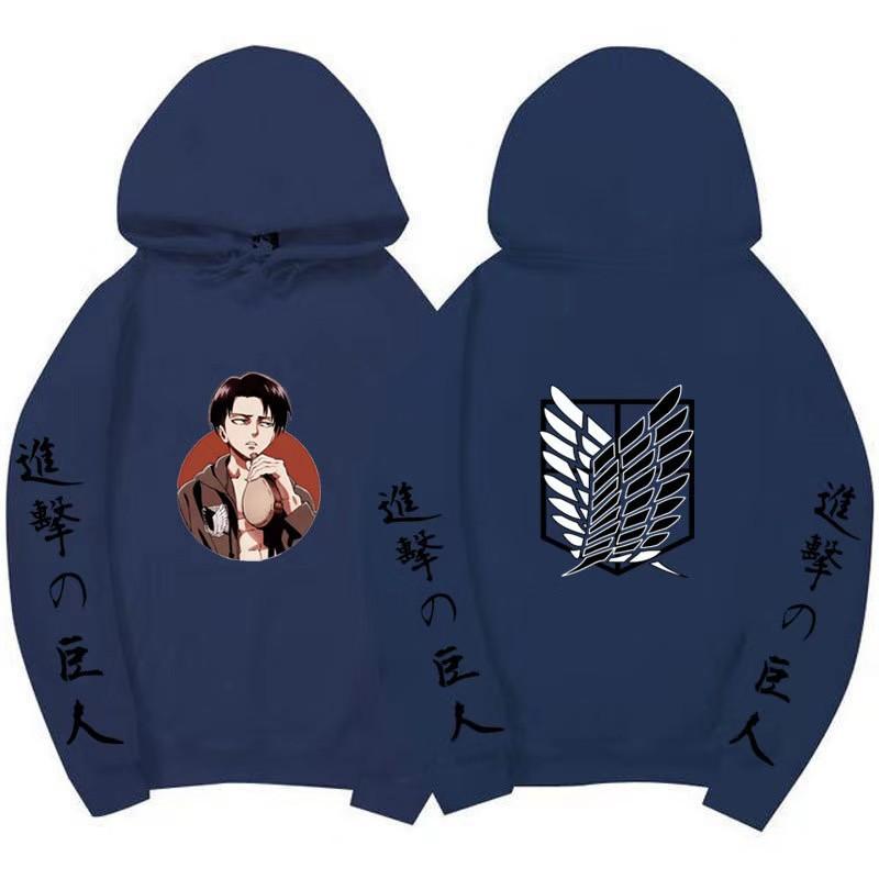 Attack On Titan Levi Ackerman Hoodie Unisex Fleece Sweatshirt, Front Character Print, Back Wings Logo, Japanese Sleeve Text, Autumn Winter Pullover