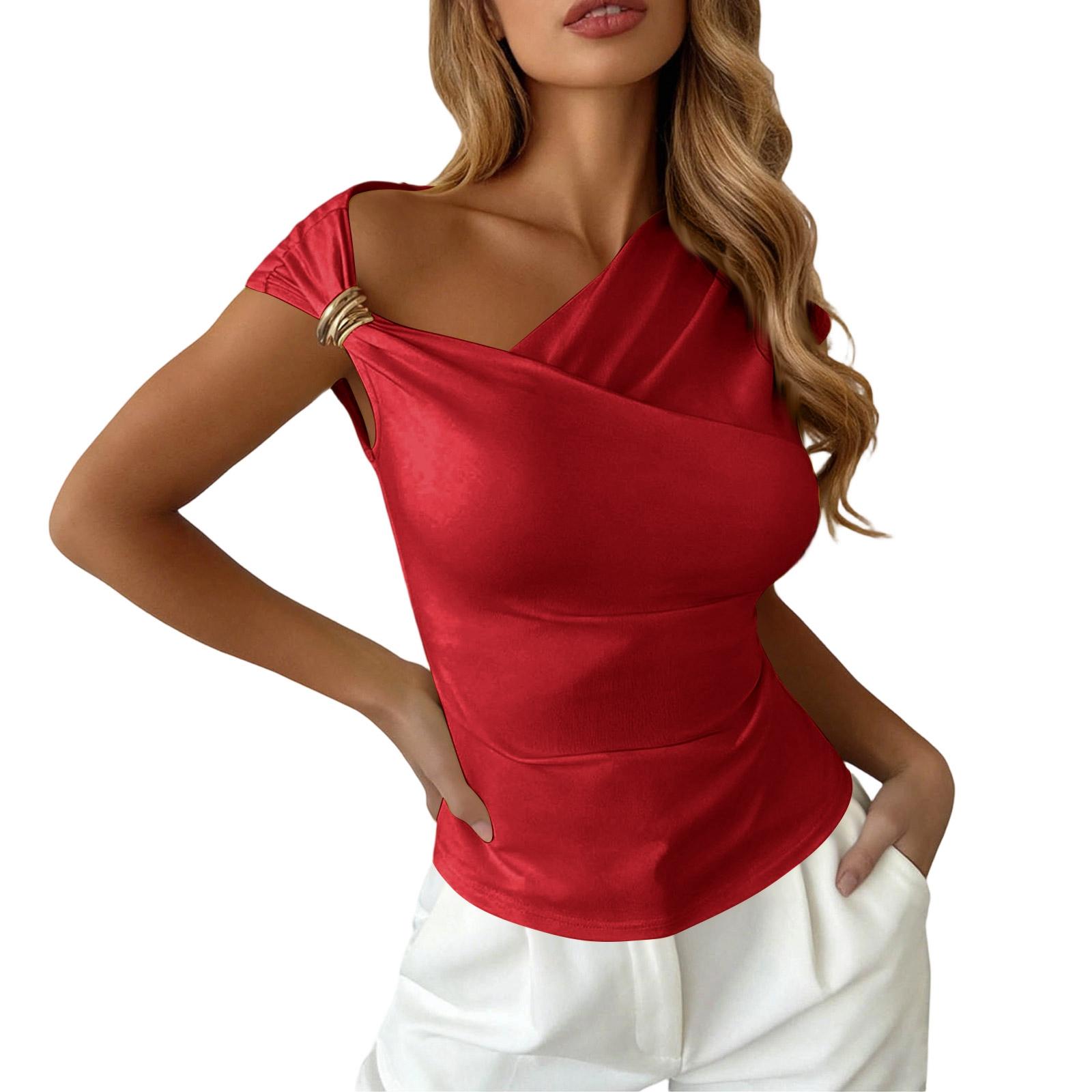 

Women Asymmetric One Shoulder Top Slim Fit Sleeveless Blouse Office Wear Stylish Workwear Vest Shirt L красный