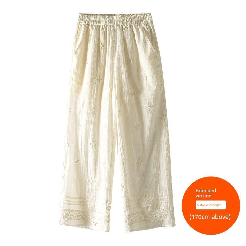 

Plus size women clothing [Korean Series Hollow-out Wide-Leg Pants] Three Pants Length Autumn Patchwork Embroidered High Waist Straight Casual Pants Meters apricot (above 170cm) 4XL