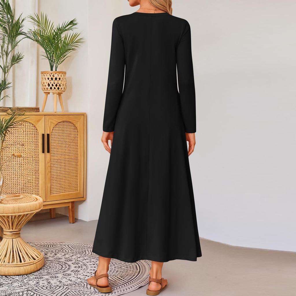Women Solid-color Long-sleeved Comfortable Loose Dress, Elegant Dress