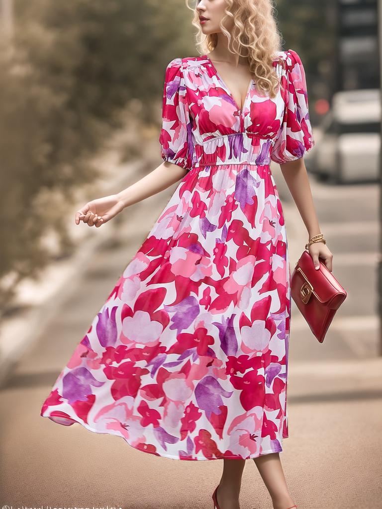 Sommer V-Ausschnitt Bedrucktes Taillen Empire-Kleid