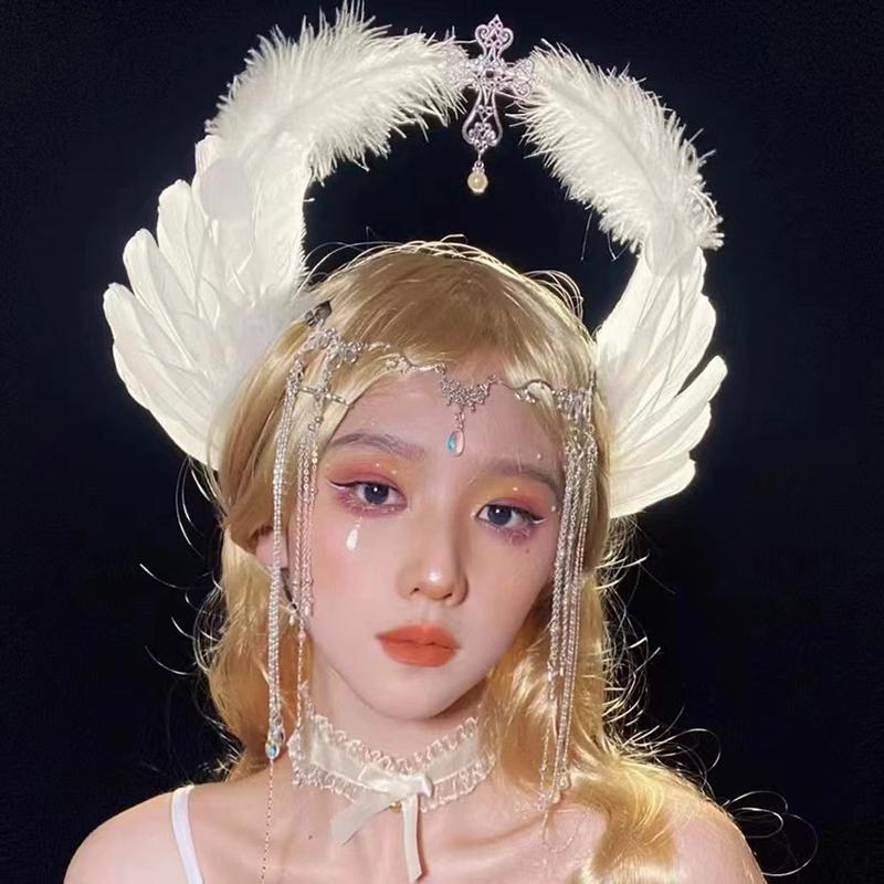 1 Set White Wings Feather Lolita Goddess Halloween Christmas Costume Accessory For Women And Girls Party Dress Up Angel Headband