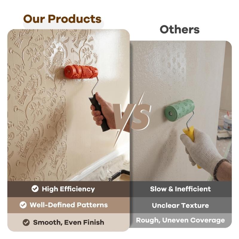 Decorative Texture Paint Roller with Bird and Leaf Embossed Rubber, 7 Inch Wall Pattern Roller for Accent Walls and DIY Paint Projects