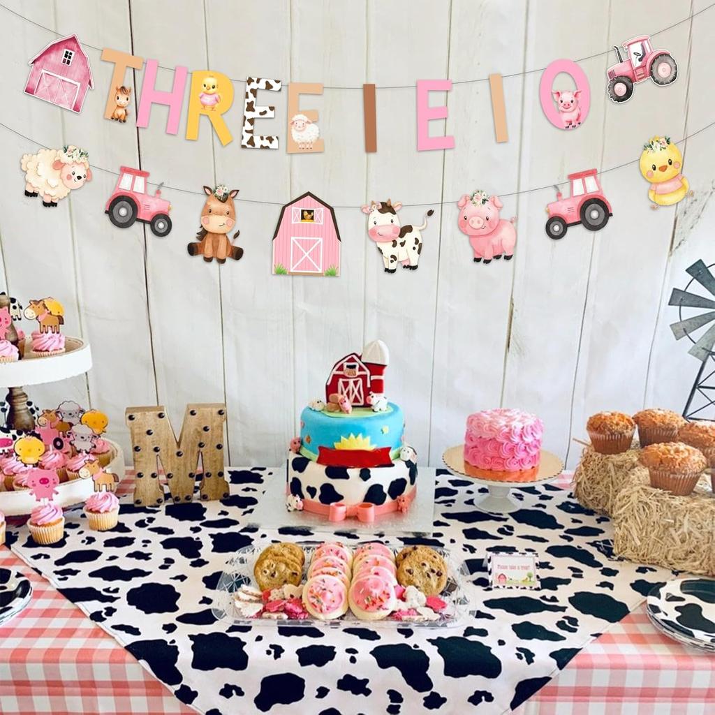 Cheereveal Pink Farm 3rd Birthday Decorations, THREE I E I O Farm Animals Banner, Farmhouse Barnyard Bunting Hanging Garland for THREE Year Old Bday