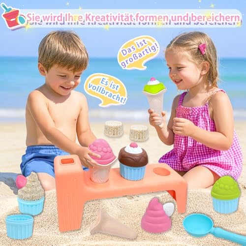 Eisständer Ice Cream Sand Toy Set, Kids Beach Toys for Ages 3+, Outdoor Role Play with Shovel, Cones & Cake Molds