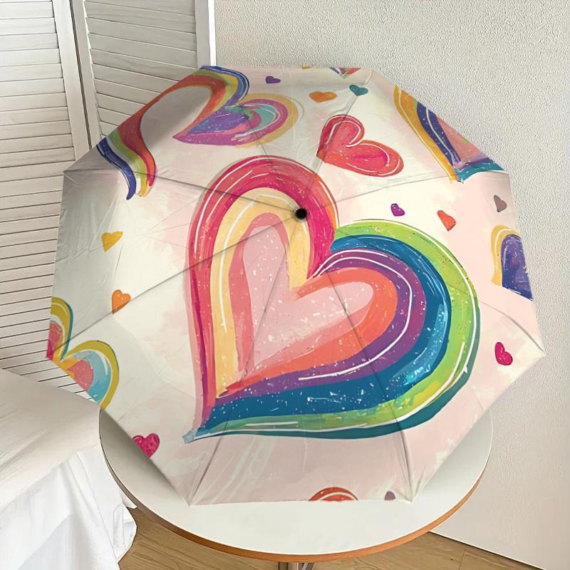 1pc Rainbow Hearts Decor Automatic Open/Close Umbrella, Formal Events - Ideal Gift for Family or Friends, Outdoor Accessory yy251211220