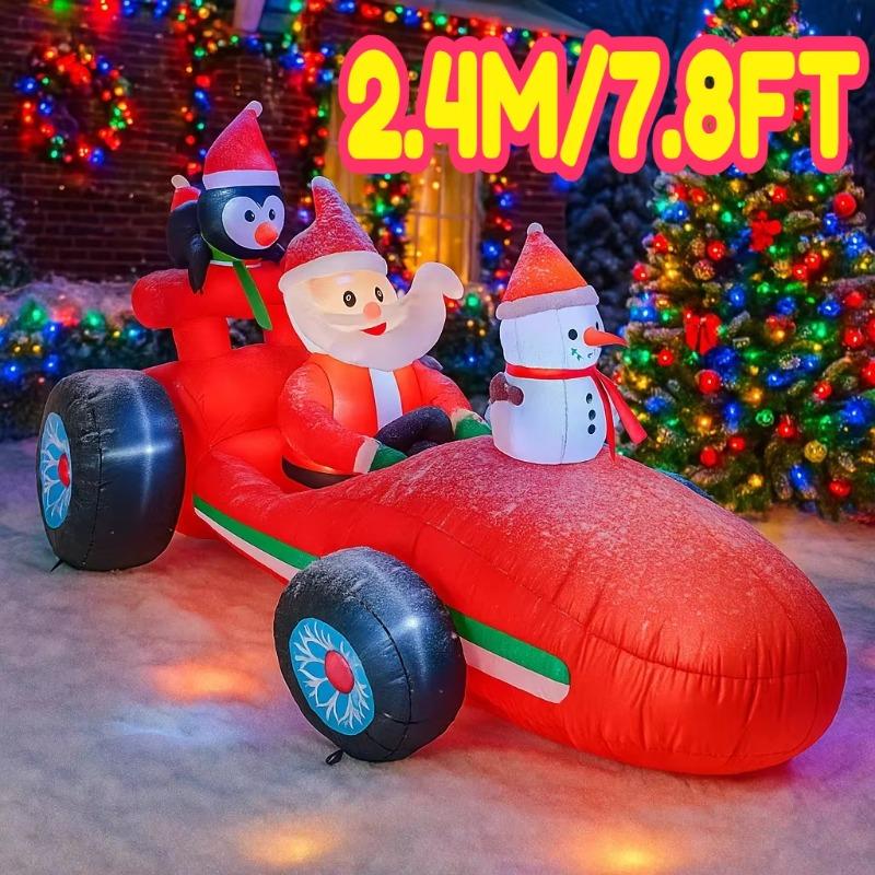 7.8FT/2.4M Inflatable Santa Claus Racing Car with Penguin and Snowman, Glowing Christmas Outdoor Yard Decor