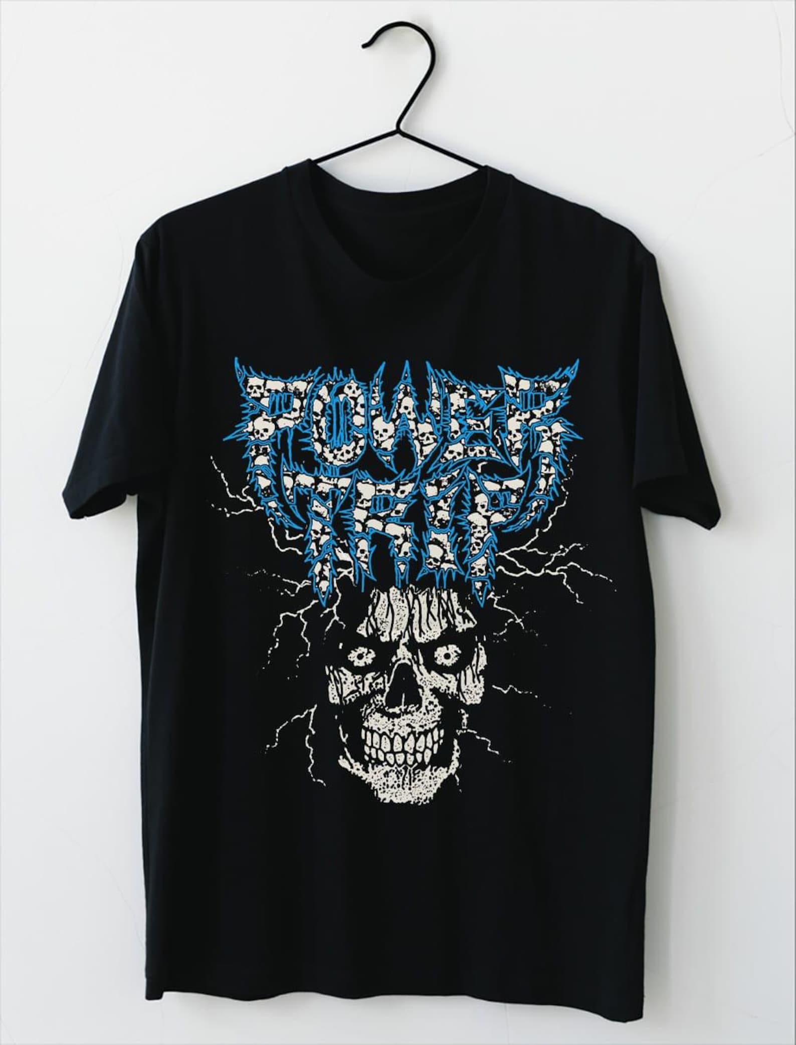 Vintage 85s Electric Skull Power Graphic Shirt PWR Trip Fans Short Sleeve Cotton Black All Size T-Shirt S-5XL 2XL