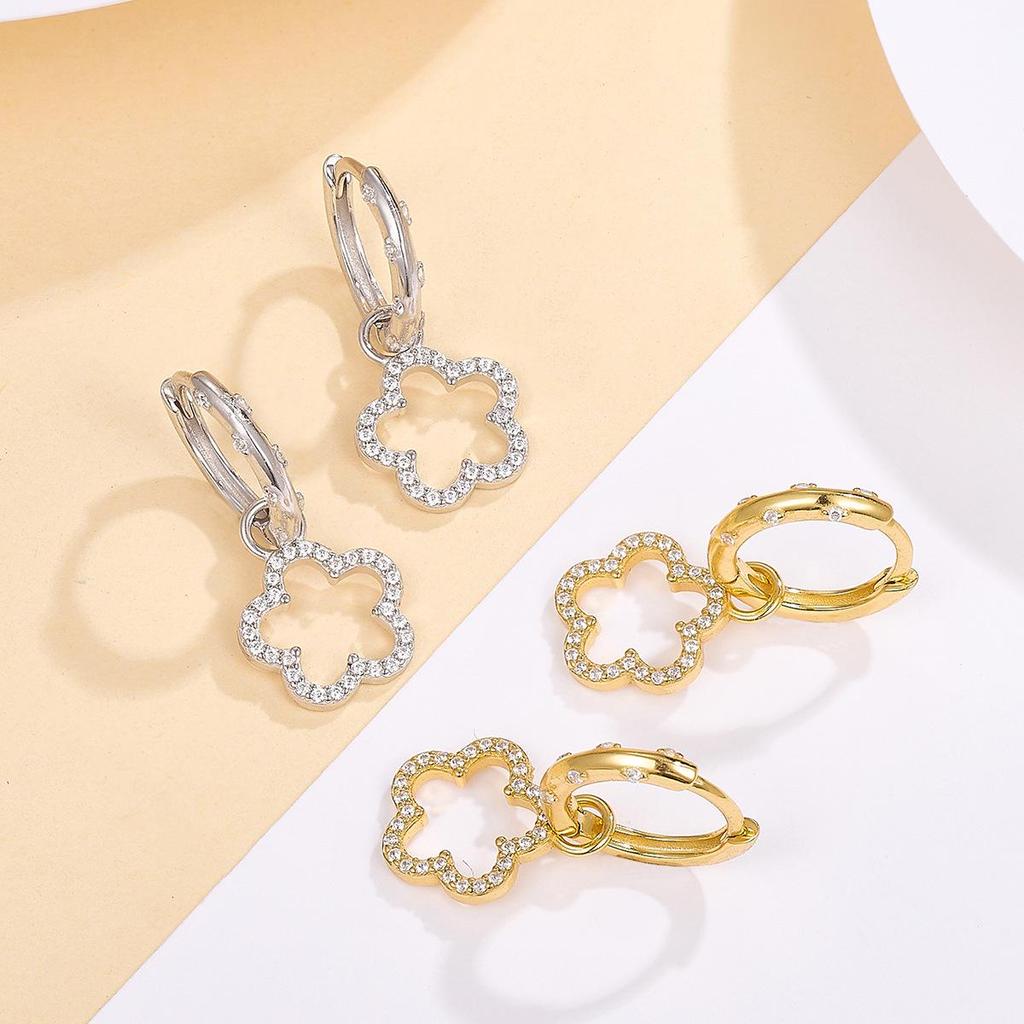S925 Silver Hollow Five-Leaf Clover Zirconia Earrings - Elegant Light Luxury Daily Jewelry