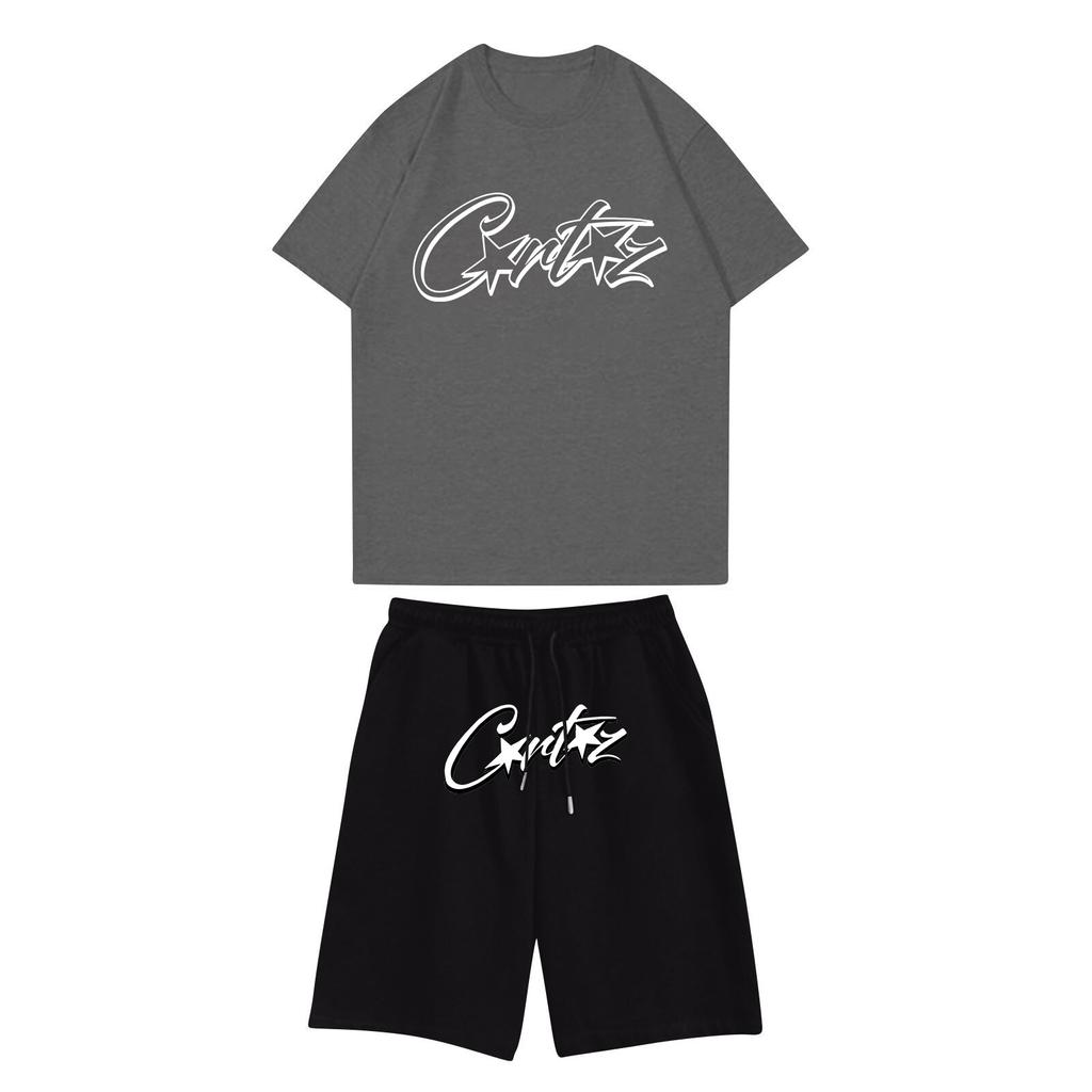 Completo da jogging unisex estivo casual stampato con scollo rotondo e maniche corte, t-shirt + pantaloncini. Tuta sportiva.