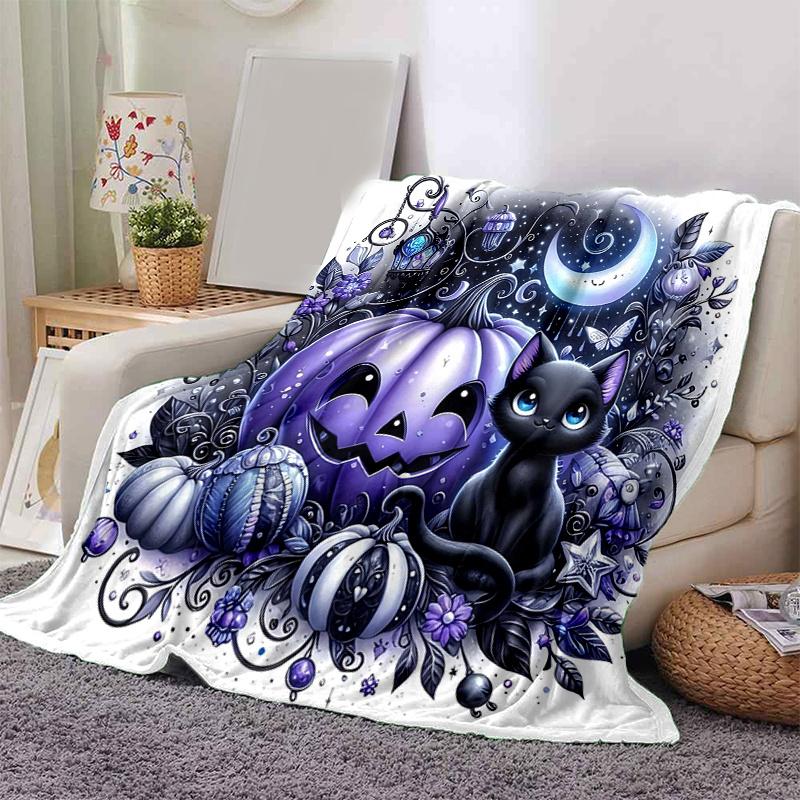 1pc Happy Pumpkin & Cat Blanket  Soft Throw for Home Decor, Gift Idea, Living Room, Travel, Camping, Car Blankets