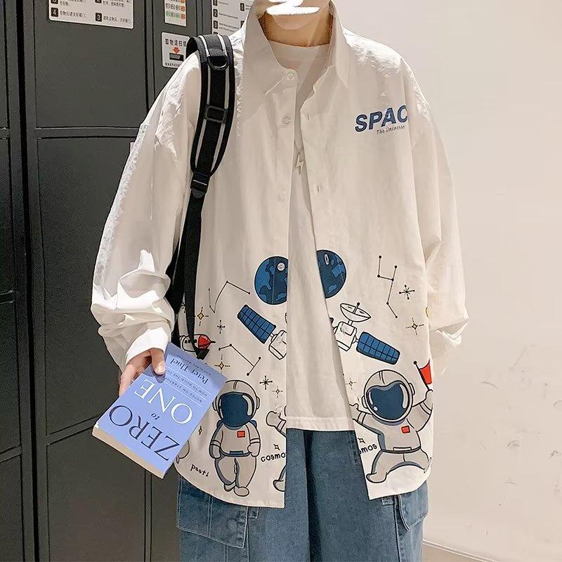 

2024 Весна и осень рубашка с длинным рукавом японский стиль Гонконг Ins свободная рубашка мужская летняя модная универсальная повседневная куртка 3XL белый