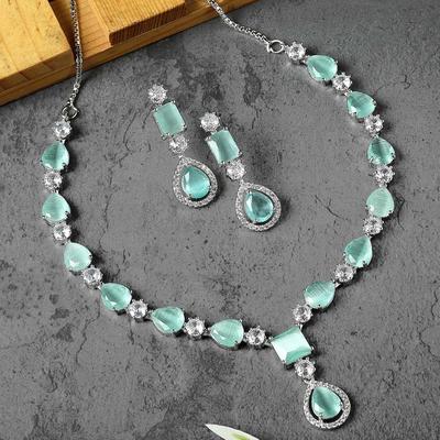 Rhodium-Plated American Diamond Studded Fashionable Necklace With Earrings Jewellery Set For Girls and Women