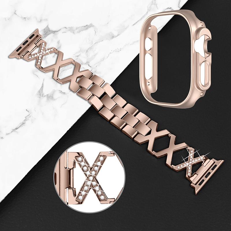 For Apple Watch Ultra 49mm Rhinestone Decor Bling Watch Band X-shaped Stainless Steel Strap with Rose Gold PC Hollow Watch Case