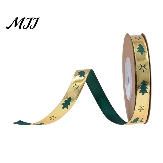 Metallic Christmas Tree Pattern Ribbon Gold Foil Ribbon, Merry Decorative Fabric Flexible for Holiday Crafts Gift Packing, Xmas Party Decorations
