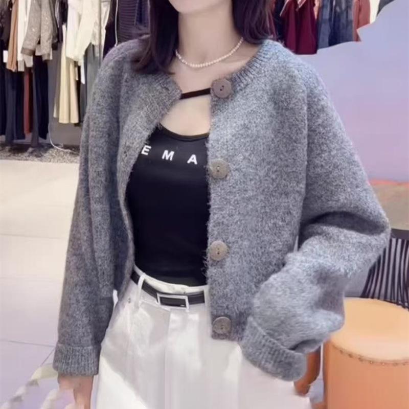 Retro crew neck knitted open women's autumn and winter new lazy wind knitted sweater top solid color sweater jacket
